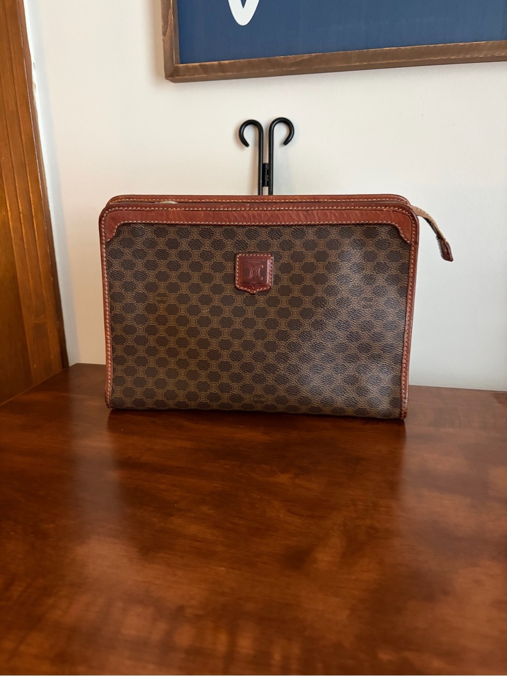 Celine Brown Patterned Cosmetic Pouch with Tan Leather Trim